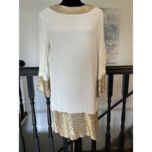 Candela White Viscose Gold Sequin Trim Shift Dress Size 8 Cocktail Party